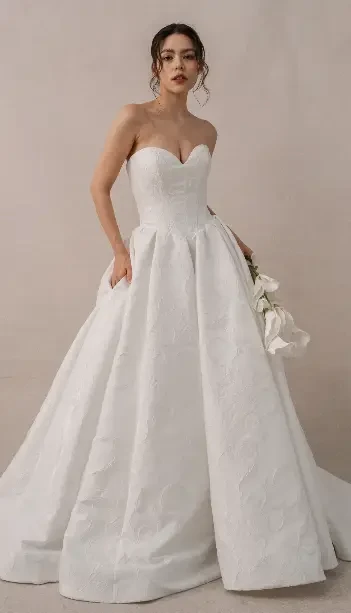 A woman in a strapless white wedding dress holding white flowers, standing in front of a neutral background.