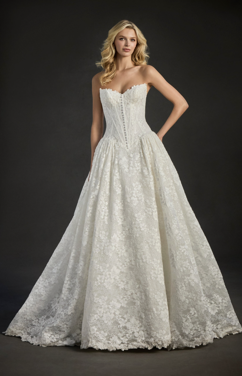 model is wearing a strapless ball gown