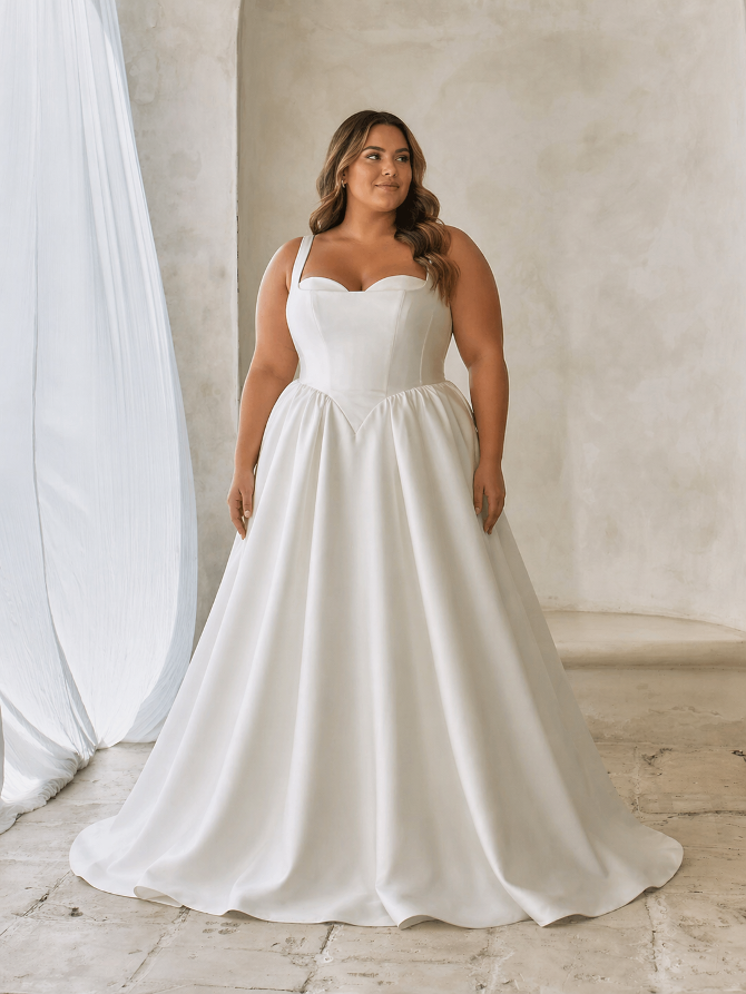 A plus-size woman in a white wedding gown with a fitted bodice and full skirt, standing against a light-colored background.